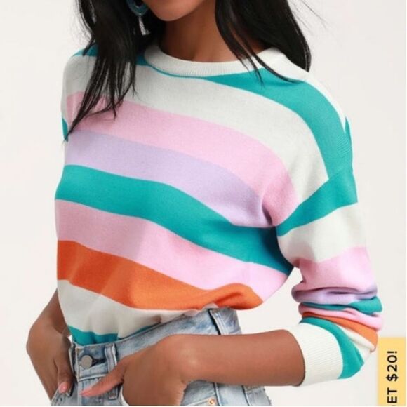 Sz Small Lulu’s Striped Cream Pink Teal and Orange Sweater - Picture 1 of 11